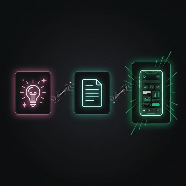 Three-step transformation: a glowing lightbulb idea becomes a structured document, then a polished mobile app