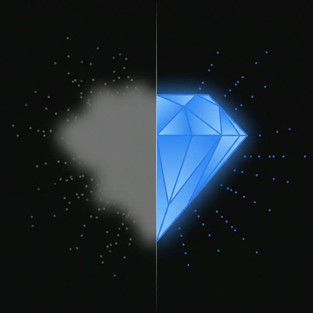 Split comparison: left side shows a vague, blurry cloud; right side shows a crystal-clear diamond — illustrating the difference between vague and specific prompts