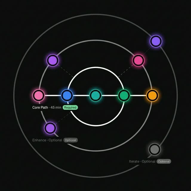 Three concentric rings showing station layers: Core Path (required, 45 minutes) in the center with 4 stations, Enhance layer (optional) with 2 stations, and Iterate layer (optional) with 2 stations